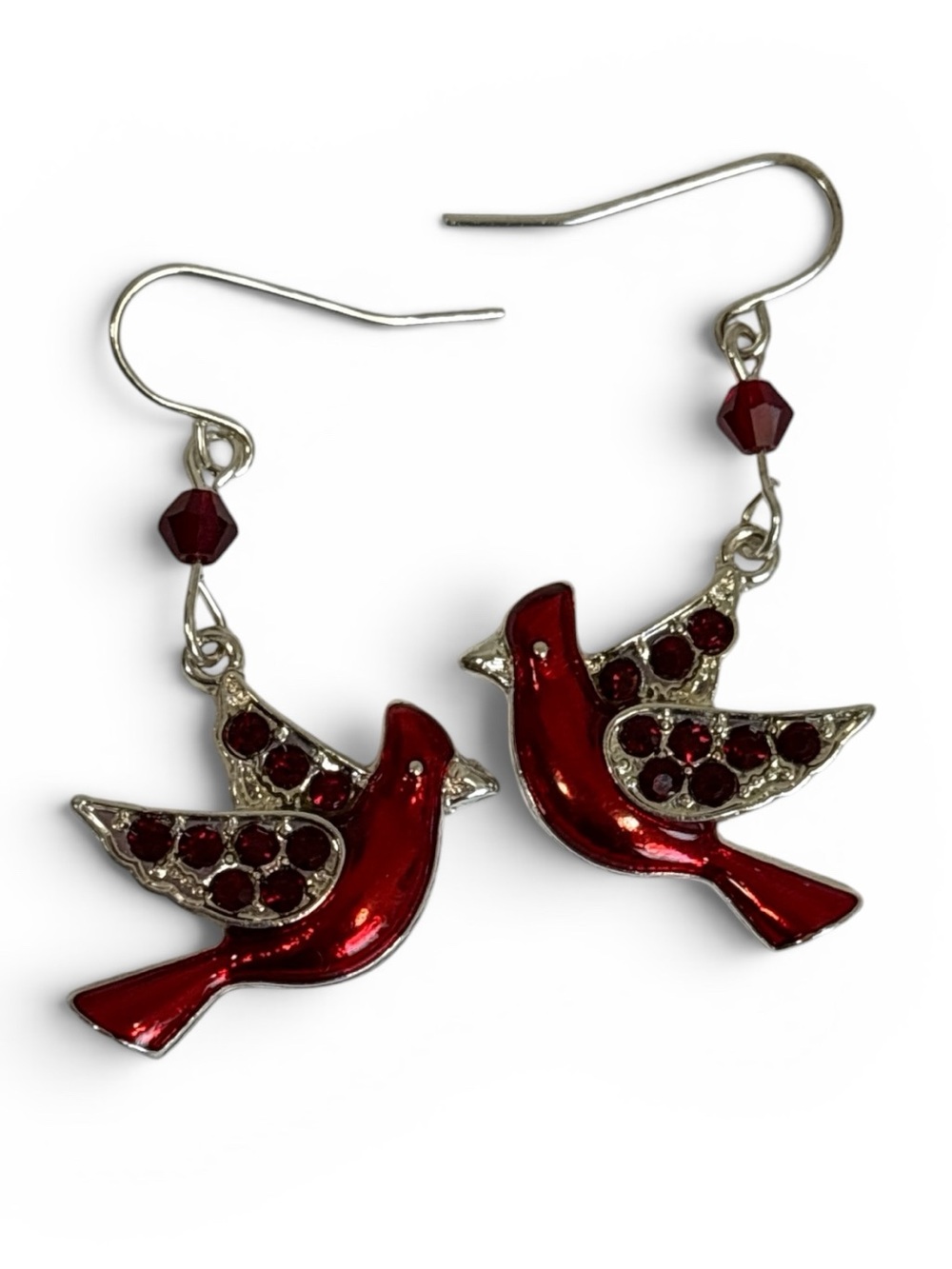 Cardinal Dangle Earrings Red Enamel Rhinestones Silver Tone